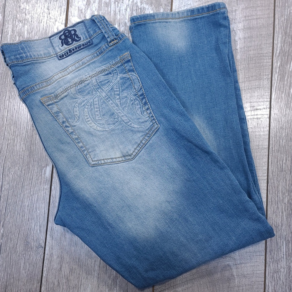 Rock & Republic Jeans Mens 34x30 Blue Slim Straight Distressed Embroidered Logo